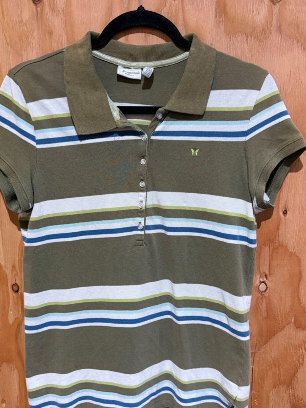 Aeropostale Women's Slim-Fit Polo Shirt Olive Green Striped Size XL